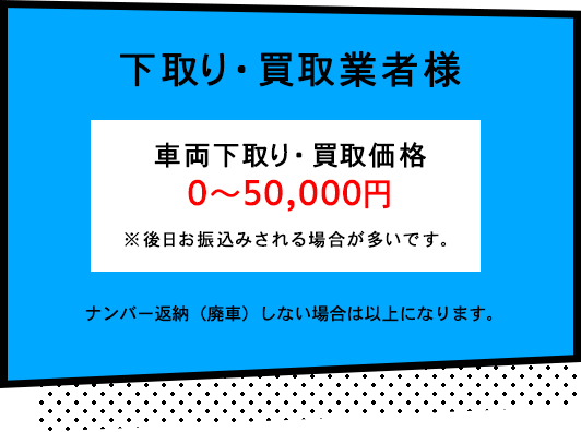 【下取り・買取業者様】車両下取り・買取価格0～50,000円※後日お振込みされる場合が多いです。ナンバー返納（廃車）しない場合は以上になります。